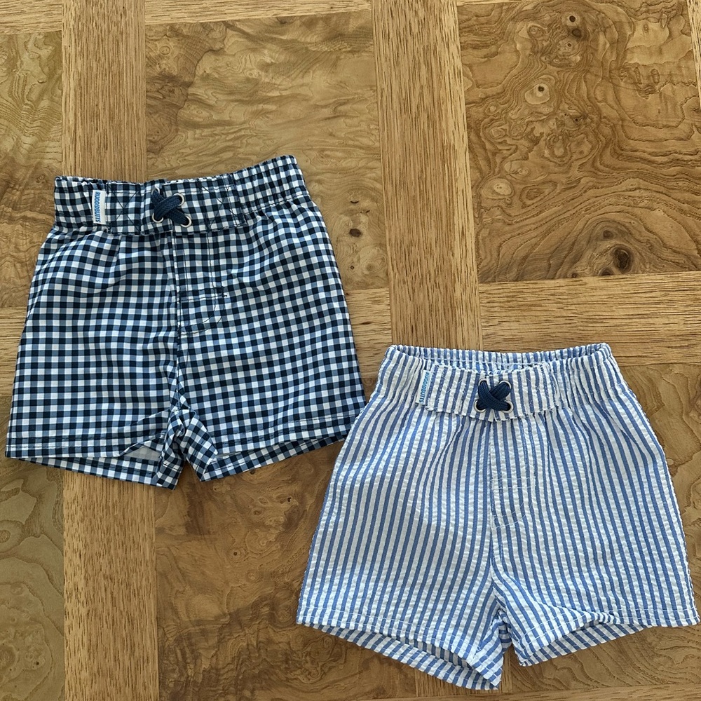 RuggedButts Blue and White Gingham and Seersucker Striped Swim Trunks/Shorts Set